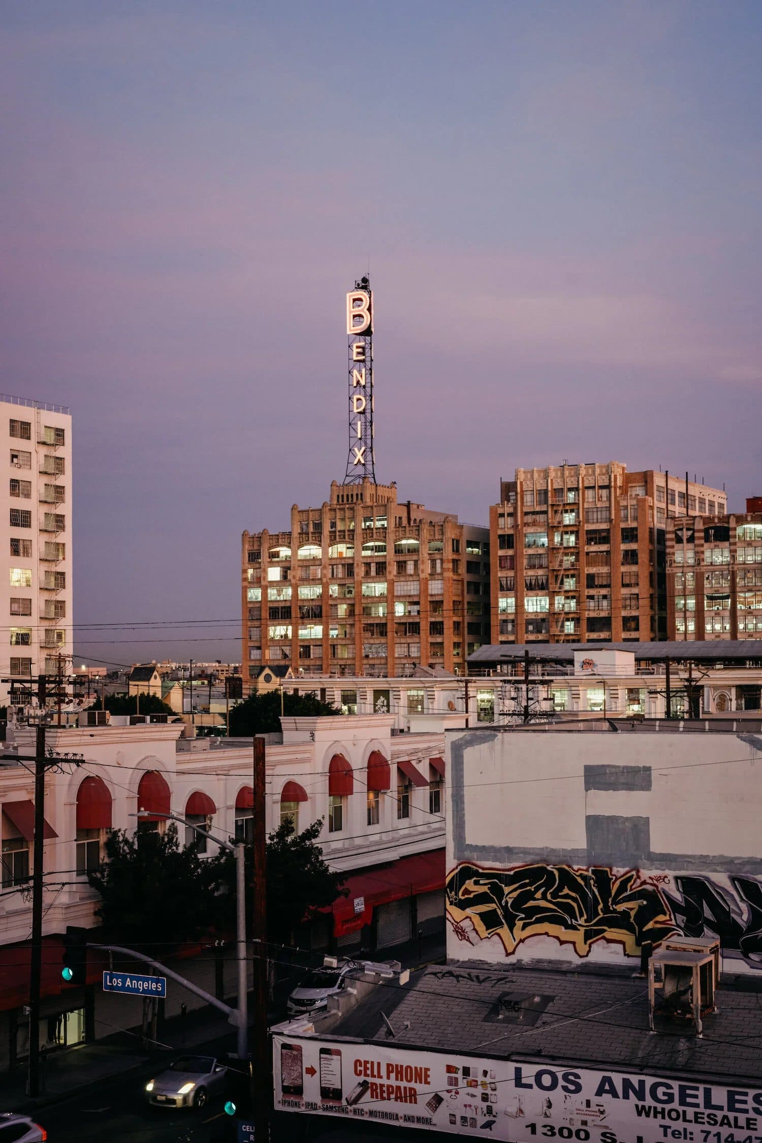 The Bendix Building sign at dusk in the Fashion District