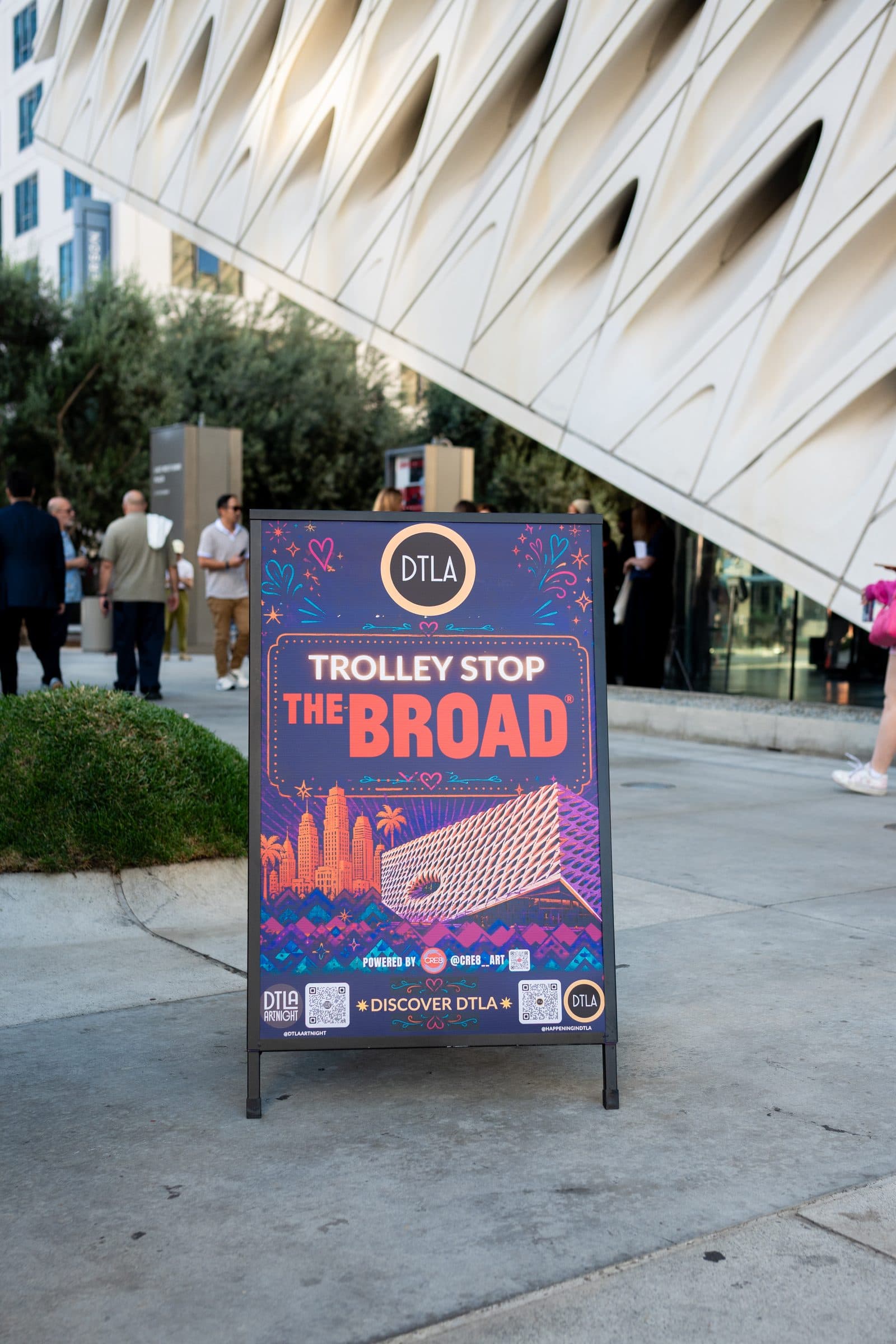 A Dolly trolley stop sign outside The Broad