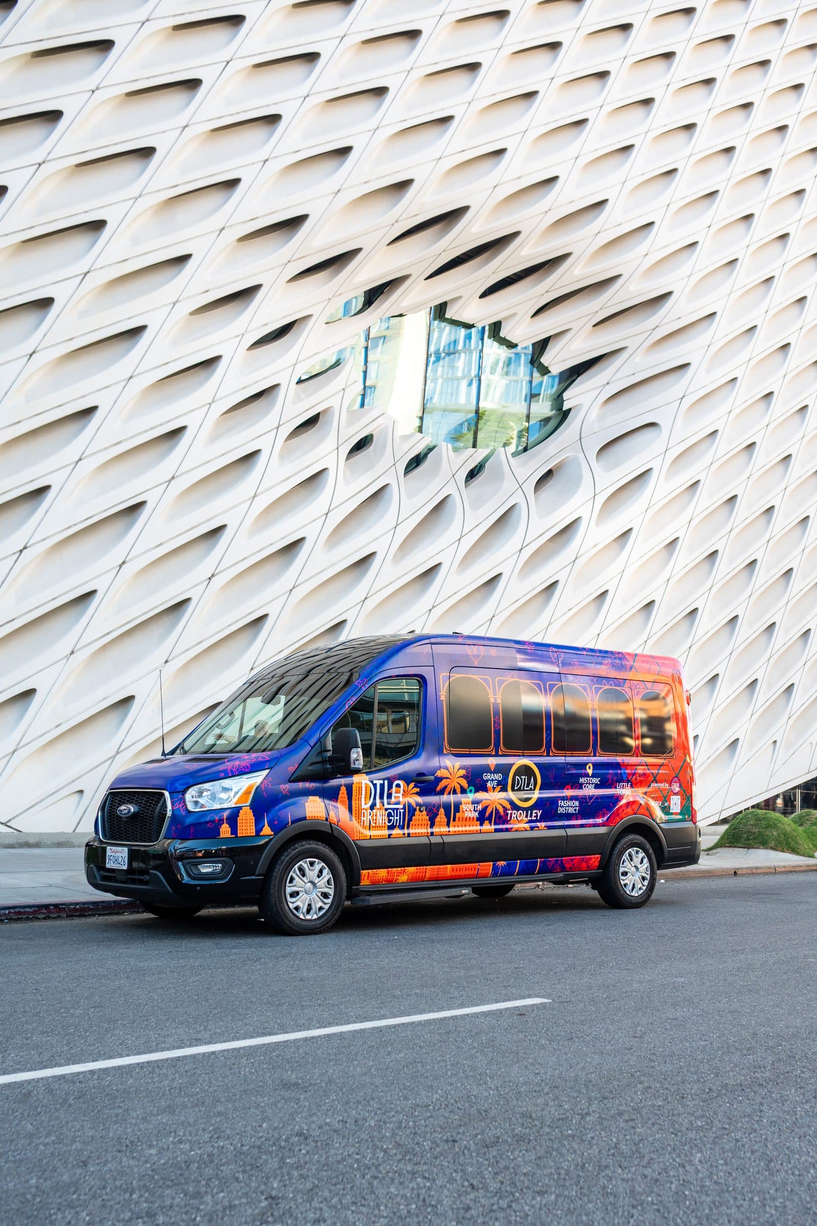 Dolly parked beneath The Broad's honeycomb facade on Grand Avenue