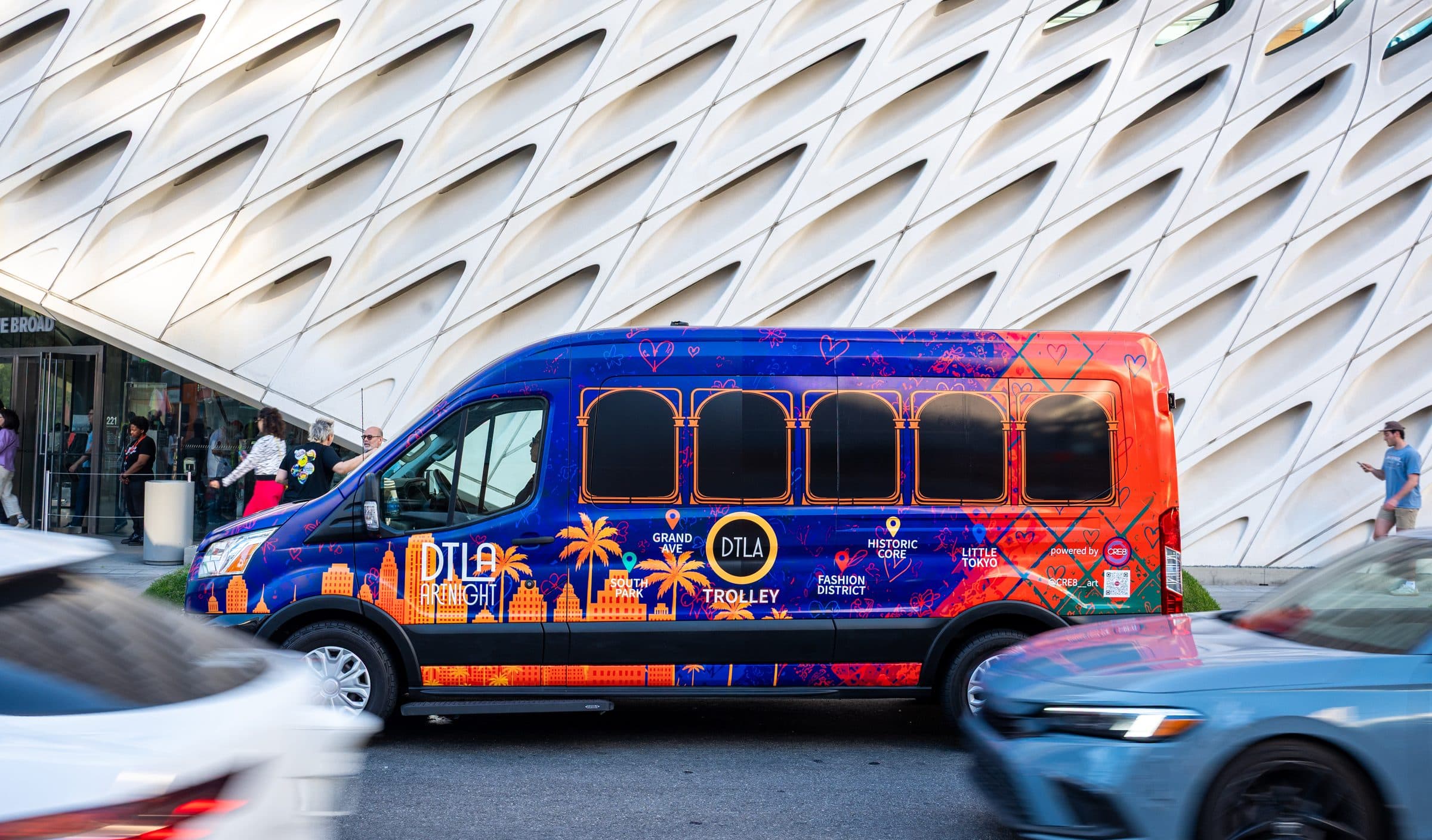 Dolly, The DTLA Trolley, passing The Broad in Downtown Los Angeles